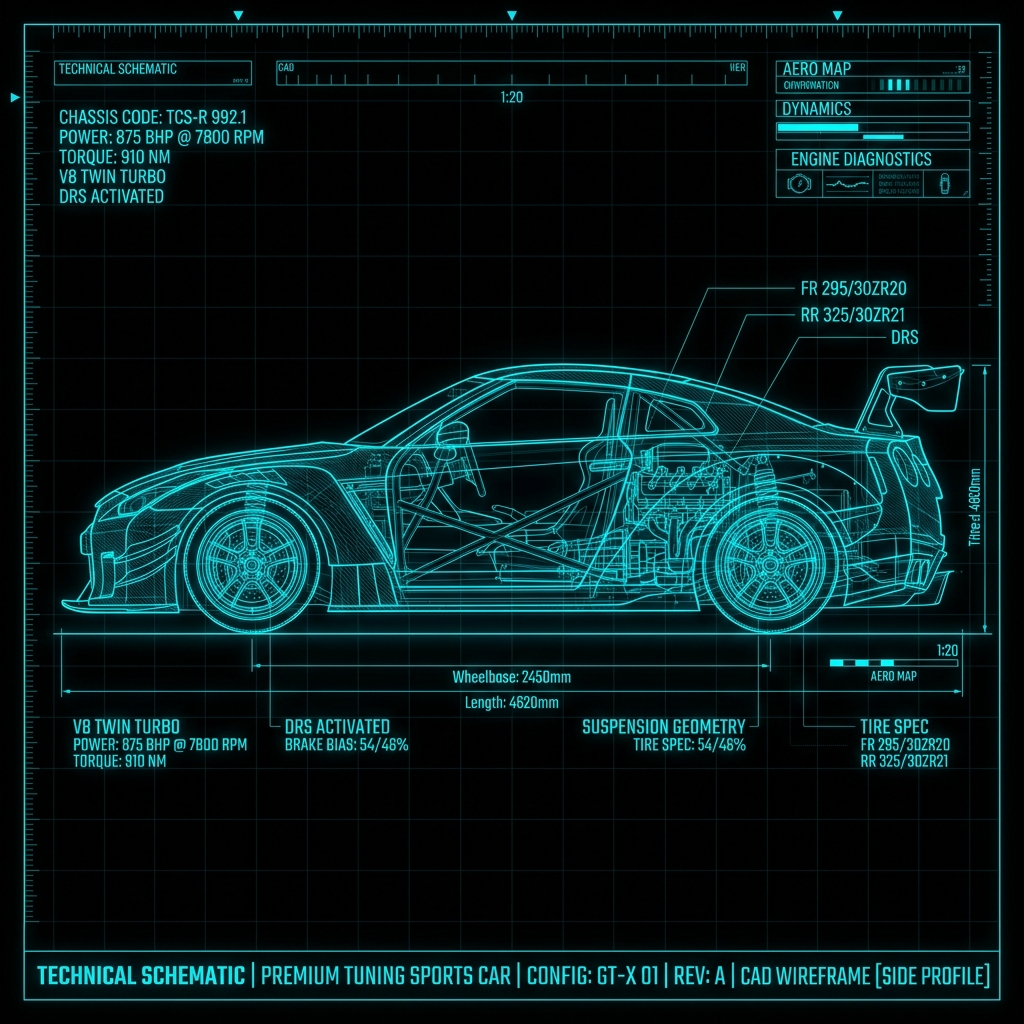 Garaż Janissary Sports Car Technical Wireframe Blueprint